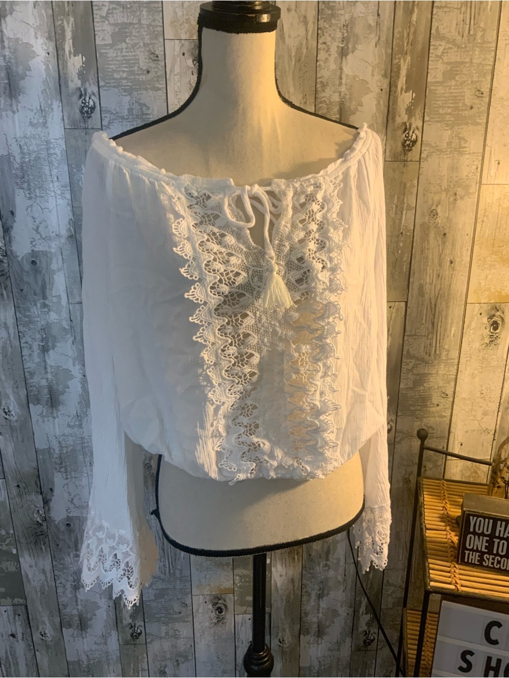 Wrangler White Lace Off-Shoulder Peasant Blouse